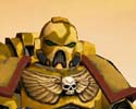 Camo patterned Space Marine in Imperial Fists chapter colours